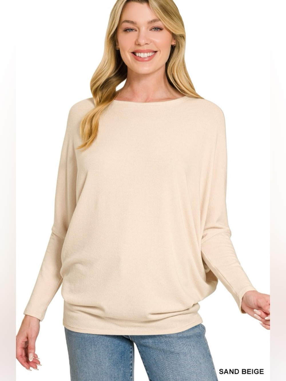 Zenana Hacci Dolman Sleeve Boat Neck Top – Sand Beige🛍️